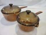 2 Corning Ware Vision Amber Toned Glass Saucepans