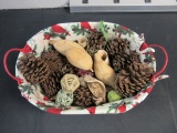 Basket with Pinecones and Wooden Decorations