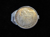 1889 U.S. Silver Dollar on Metal Tie Clip