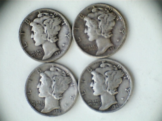 Lot of 4 1941-D/P/S .90 Silver Mercury Dimes