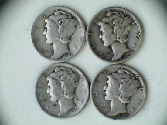 Lot of 4 1942,43,44-D/P .90 Silver Mercury Dimes