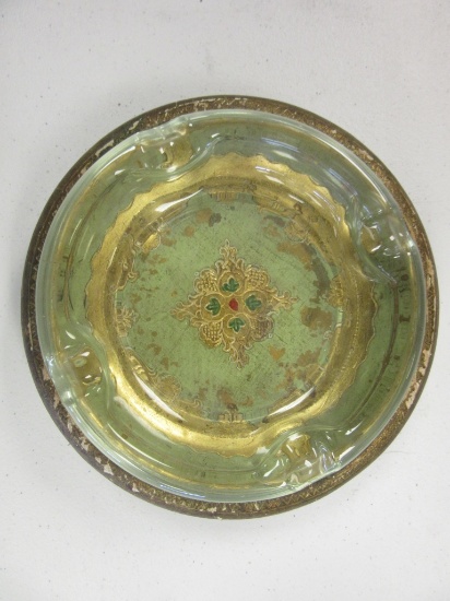 Glass 8" Ash Tray w/ Decorative Wood Bowl