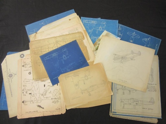 Lot of Vintage WWII Airplane Sketches, Blueprints,