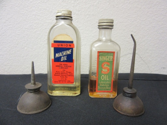 Lot of 2 Vintage Machine Oil Bottles w/ 2 Oil Cans