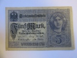 1917 German Berlin WWI-Era 5 Mark Banknote