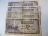 Lot of 4 1978 Yugoslavian 20 Dinara Banknotes
