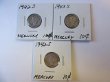 Lot of 3 1942-S .90 Silver Mercury Dimes