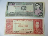 Banco Central De Bolivia 100 and 1000 Pesos Notes