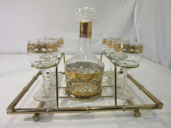 Decanter and 6 Glasses on Metal Rack Tray