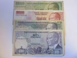 Lot of 4 1970 Old Turkish Lira Banknotes
