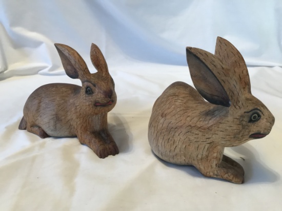 Set of vintage hand carved wood rabbit figures