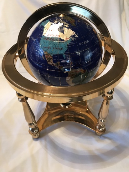 Blue Lapis Inlaid Faux Gemstone Globe Brass Stand