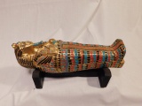 Painted Egyptian sarcophagus figurine with stand