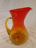 Hand blown orange cracke-glass pitcher 10.5