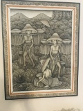 Balinese Painted Fabric Art Piece Workers in Field