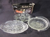 Lot of 2 Etched Glass Dishes and 1 Crystal Dish