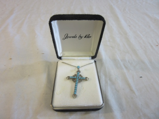 Silver-Tone Cross Necklace w/ Blue Stones