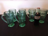 6 Green Coca Cola glasses & 10 year bottle