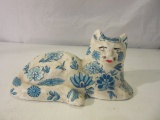 White With Blue Flowers Cat Figurine