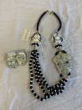 Vintage Inlaid PUG DOG Necklace & Earrings Set NEW