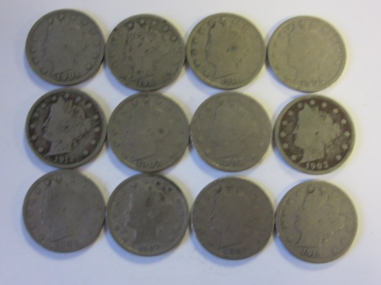 Lot of 12 Liberty "V" Nickels Various Dates