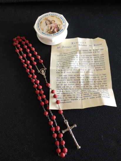Catholic rosary beads with pewter cross and case