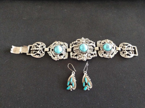 Old pawn Navajo-style silver tone bracelet and ear