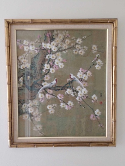 Pair Oriental bird and blossom prints