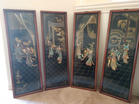 Set of 4 tall Oriental print carvings