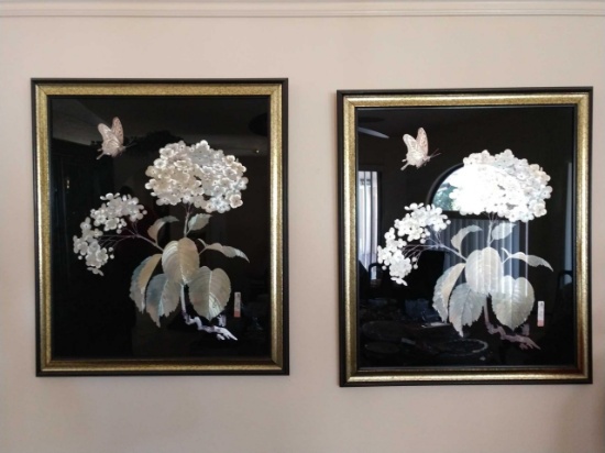 Pair Oriental black silver floral prints