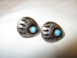 Pair of Old Pawn Style Silver and Turquoise Bear Paw Pierced Earrings