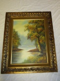 Framed Autumn River Scene Oil Painting