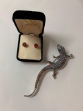 Lot of vintage costume jewelry ruby earrings with lizard brooch