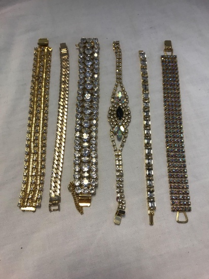 Lot of 6 Gold-Tone Rhinestone Bracelets