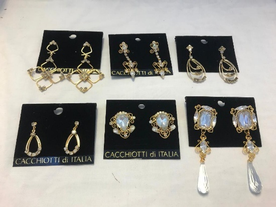 Lot of 6 Gold-Tone Rhinestone Costume Earrings