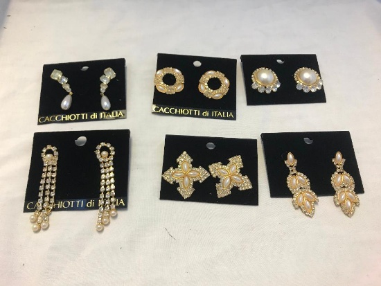 Lot of 6 Gold-Tone Faux Pearl and Rhinestone Earrings