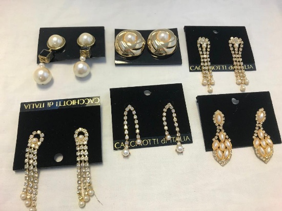 Lot of 6 Gold-Tone Faux Pearl and Rhinestone Earrings