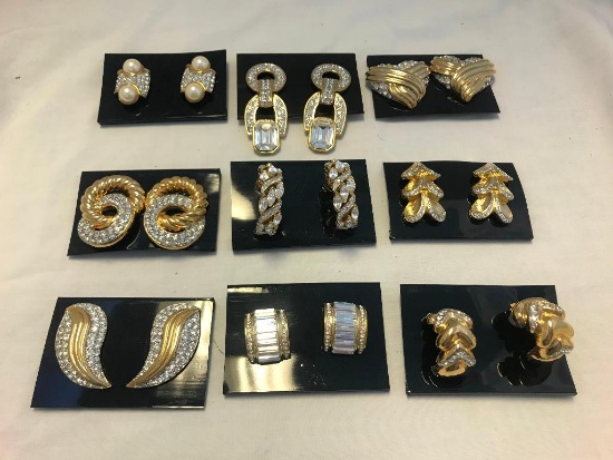 Lot of 9 Gold-Tone Rhinestone Clip-On Earrings