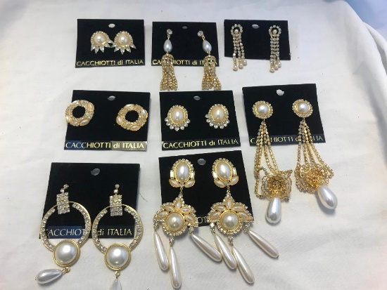 Lot of 8 Gold-Tone Faux Pearl and Rhinestone Earrings