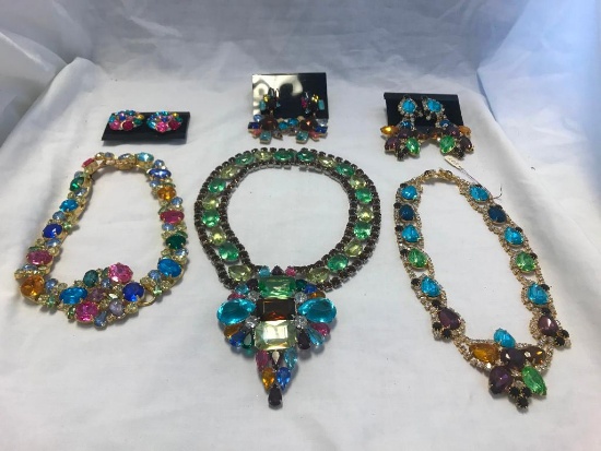 Lot of 3 Colorful Rhinestone Necklace and Earring Sets