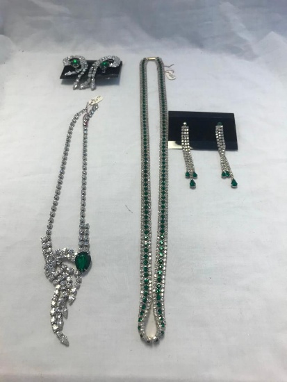 Lot of 2 Silver-Tone Green Rhinestone Necklace and Earring Sets