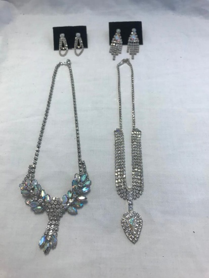 Lot of 2 Silver-Tone and Crystal Rhinestone Necklace and Earring Sets