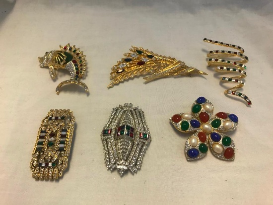 Lot of 6 Colorful Rhinestone Brooches