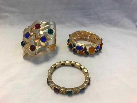Lot of 3 Gold-Tone and Colorful Rhinestone Bracelets