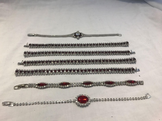 Lot of 6 Red Rhinestone and Silver-Tone Bracelets