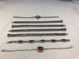 Lot of 6 Red Rhinestone and Silver-Tone Bracelets