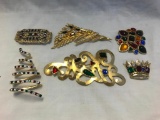 Lot of 6 Gold-Tone and Colorful Rhinestone Brooches