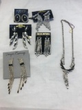 4 Silver-Tone Black Rhinestone Earrings and 1 Black Rhinestone Necklace