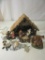 Wood Nativity Set w/ 8 Plastic Figures & 3 Additional Porcelain Figures & Light Fixture for Star