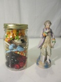 Lot of 2 Decorative Pieces 1 Mason Jar Full of Costume Jewelry and 1 Ceramic Victorian Style Man